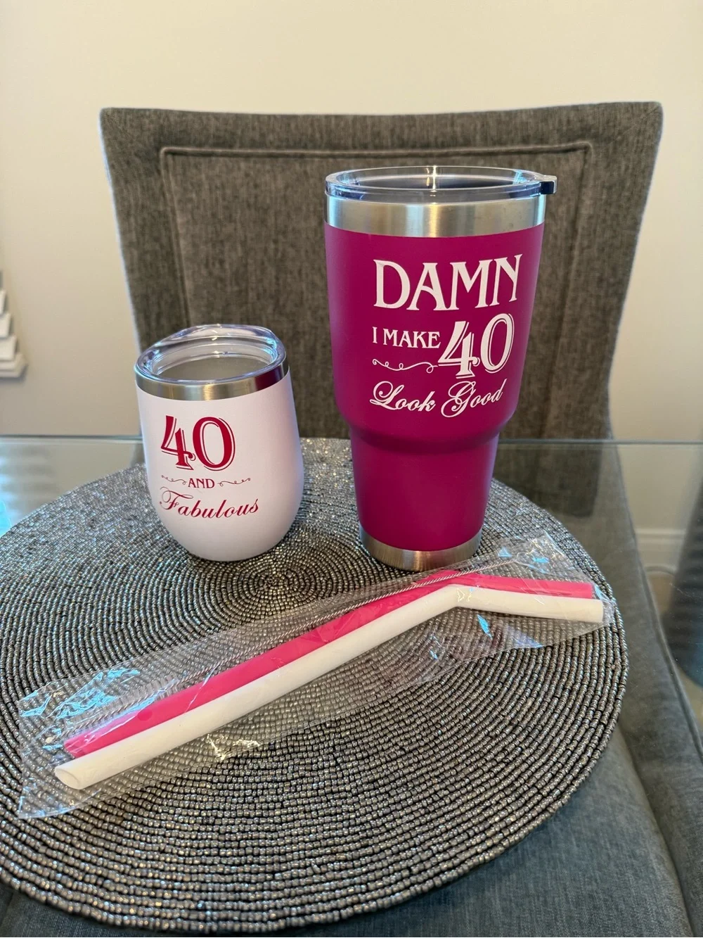 40th Birthday Tumbler & Wine Cup Set Pink w/ Straws